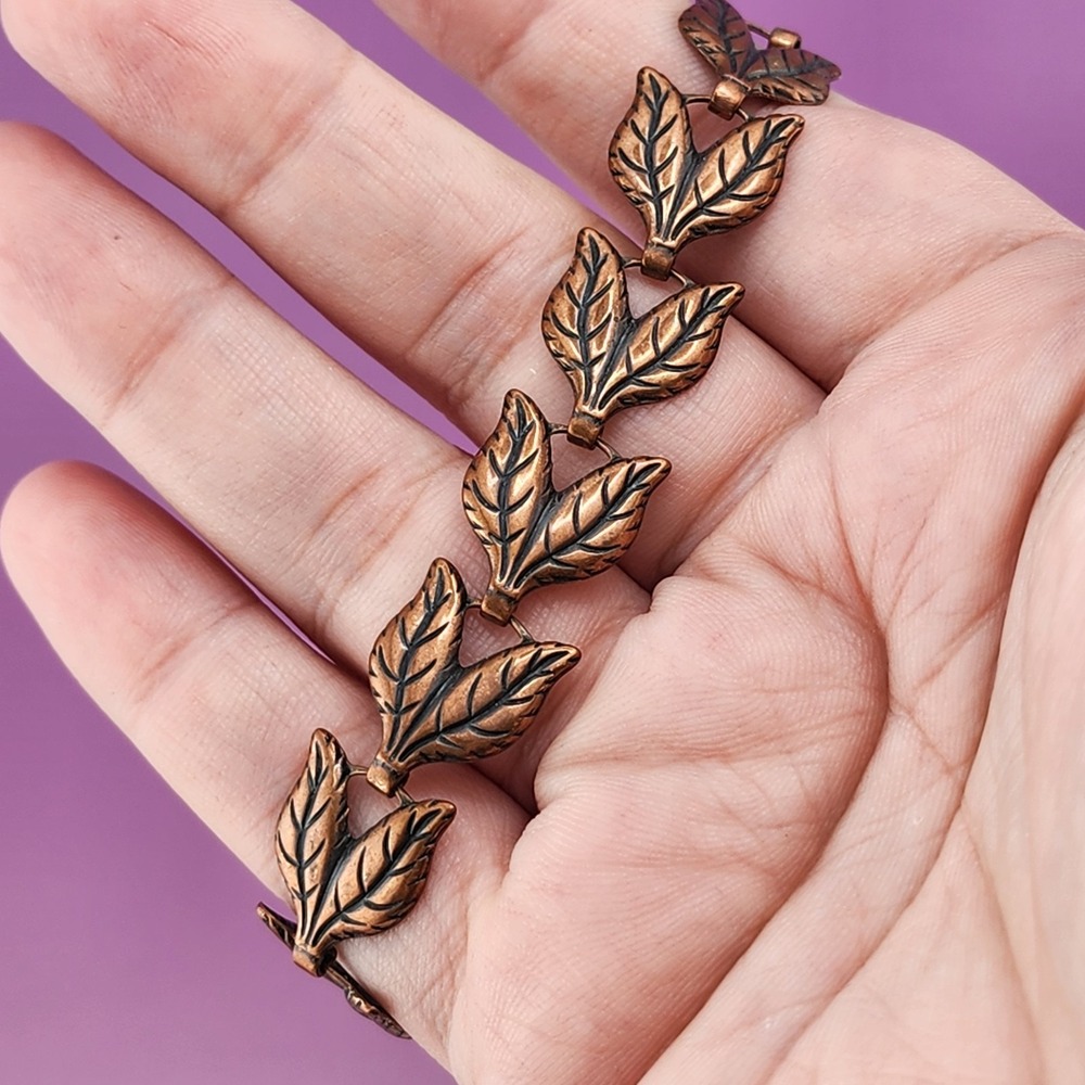 Copper Leaf Link Bracelet Botanical Nature Oxidized Statement Art Jewelry Boho